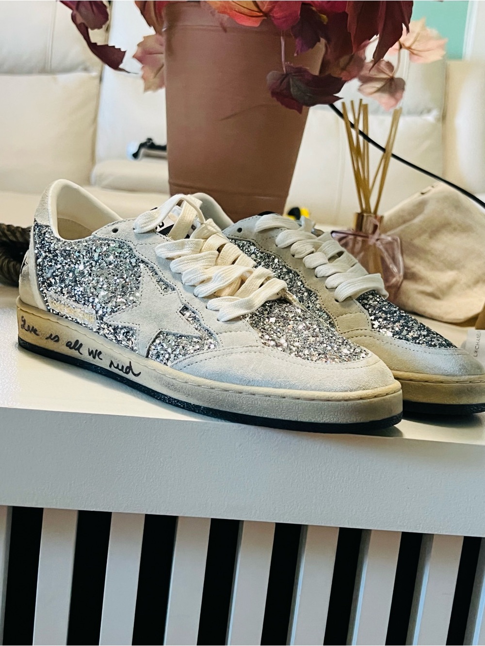 Golden Goose Silver Glitter Low-Top Sneakers with White Suede